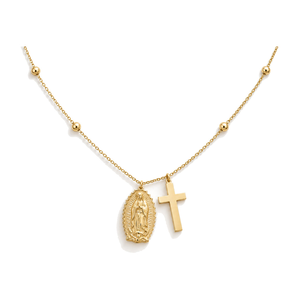 Virgin of Guadalupe and cross necklace in 10k solid gold
