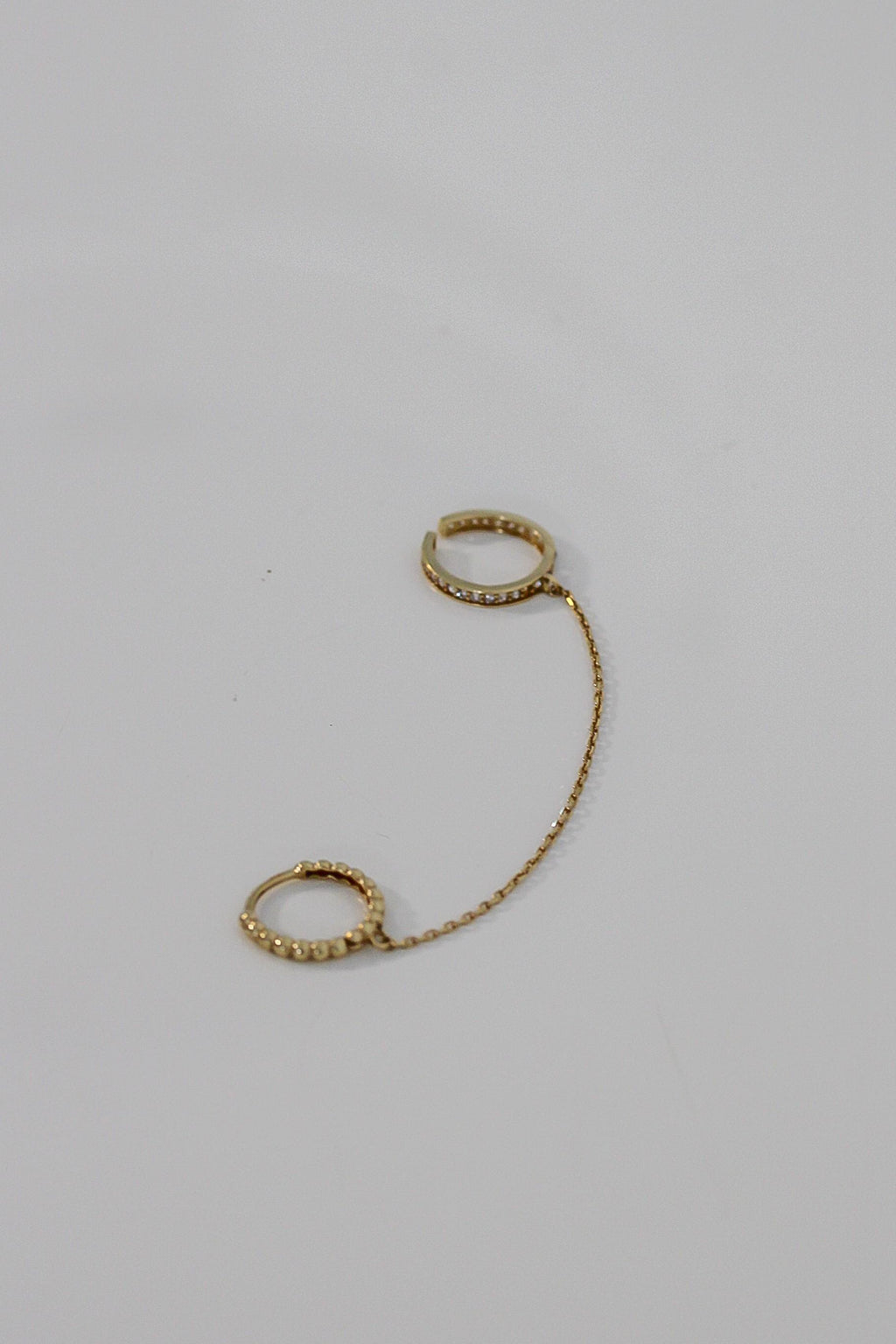 "Ball Bead Huggie" & Ear Cuff Chain Earring - 10k Gold (Single)