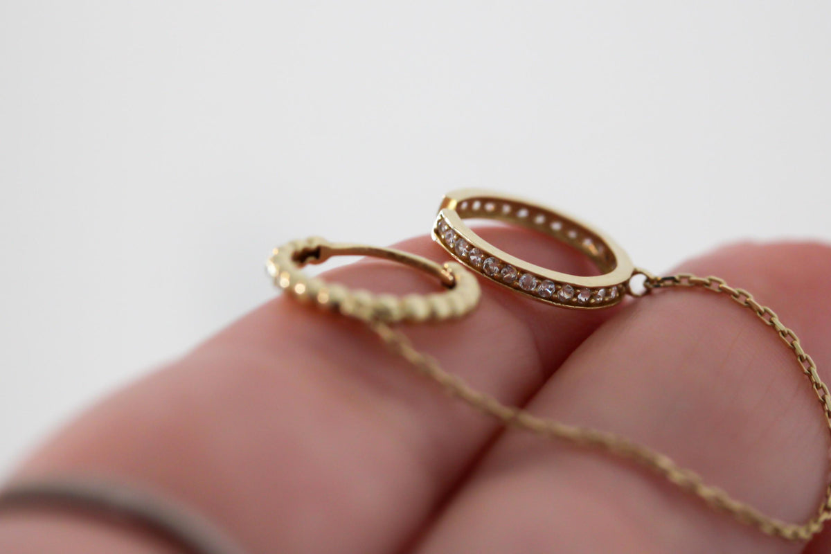 "Ball Bead Huggie" & Ear Cuff Chain Earring - 10k Gold (Single)