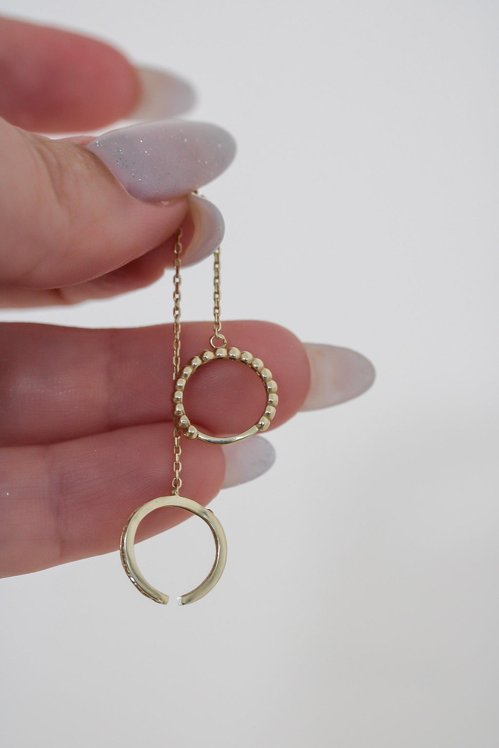 "Ball Bead Huggie" & Ear Cuff Chain Earring - 10k Gold (Single)