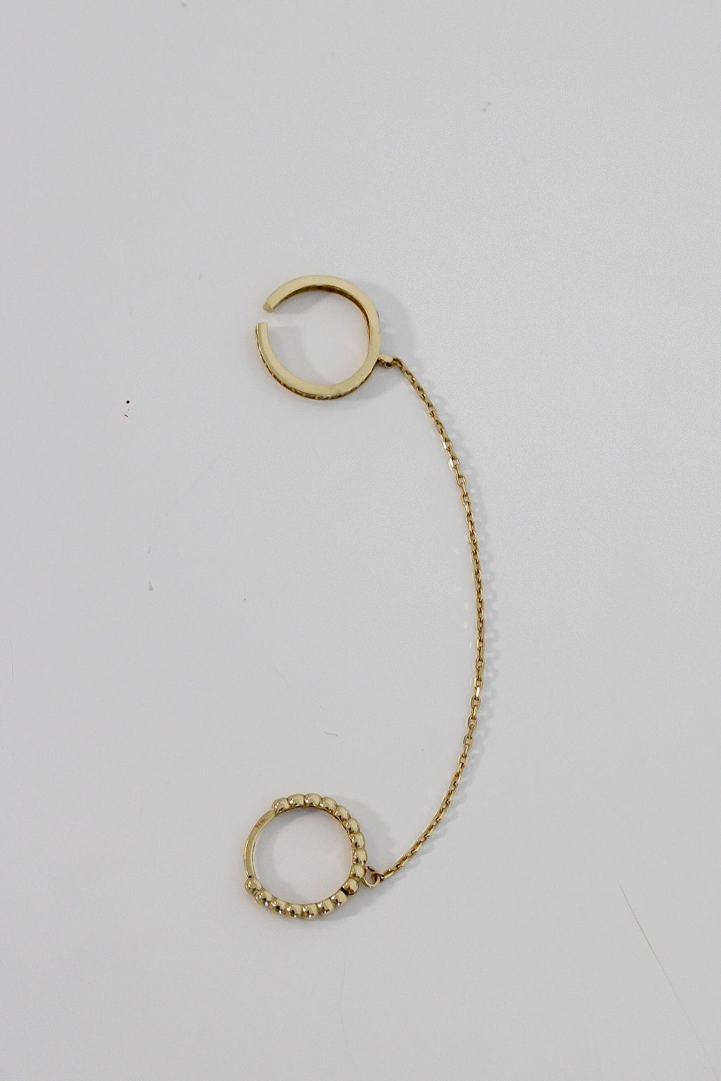 "Ball Bead Huggie" & Ear Cuff Chain Earring - 10k Gold (Single)