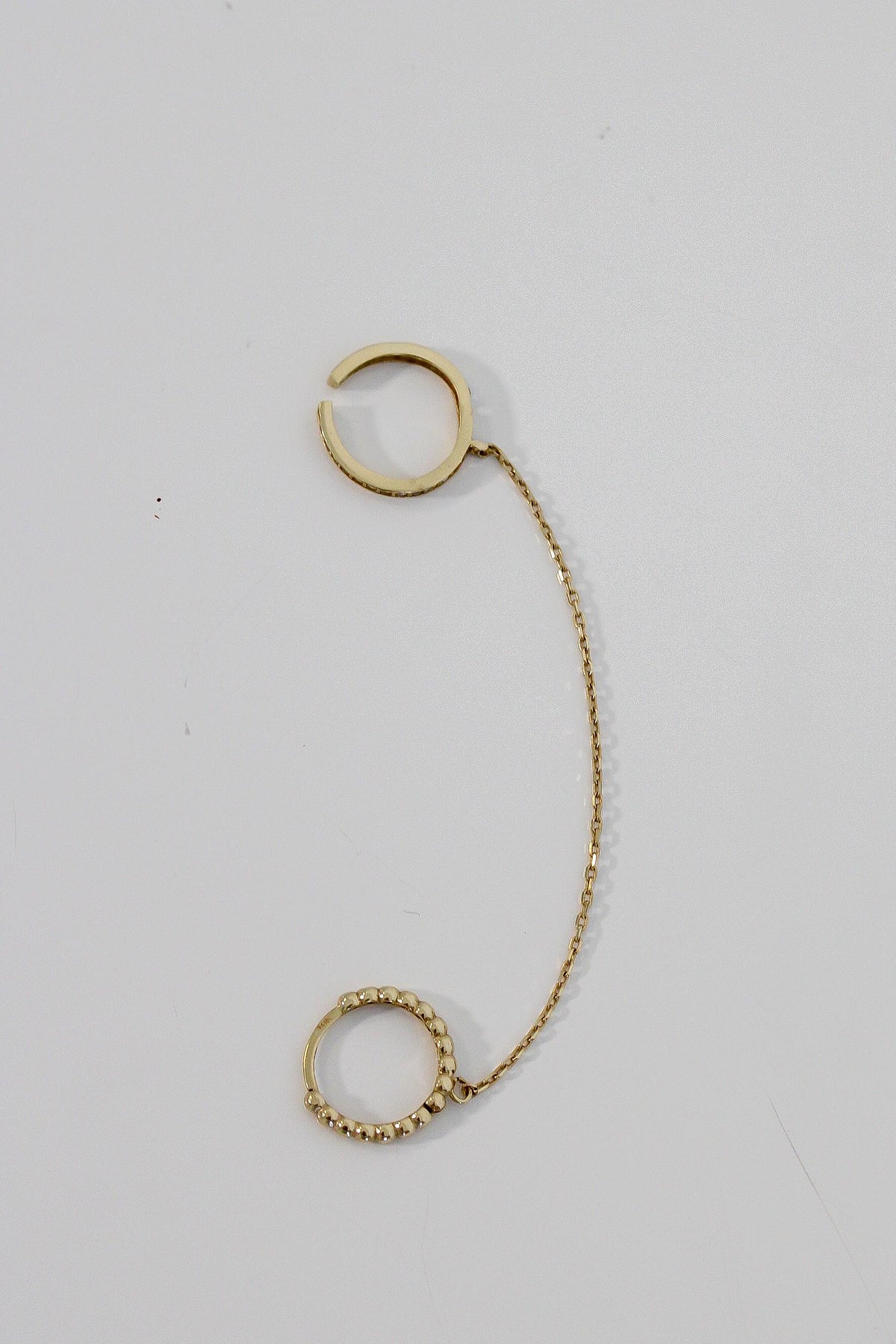 "Ball Bead Huggie" & Ear Cuff Chain Earring - 10k Gold (Single)