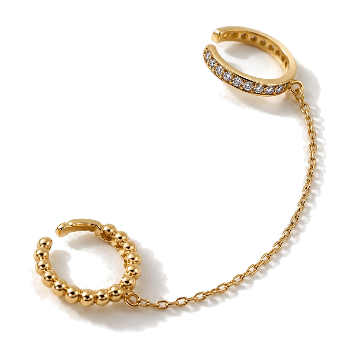 "Ball Bead Huggie" & Ear Cuff Chain Earring - 10k Gold (Single)