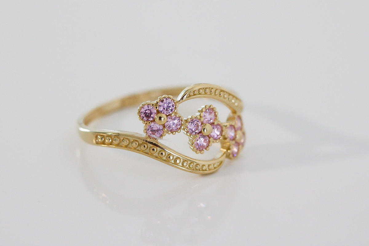 "CZ Flower" Ring - 10k Solid Yellow Gold