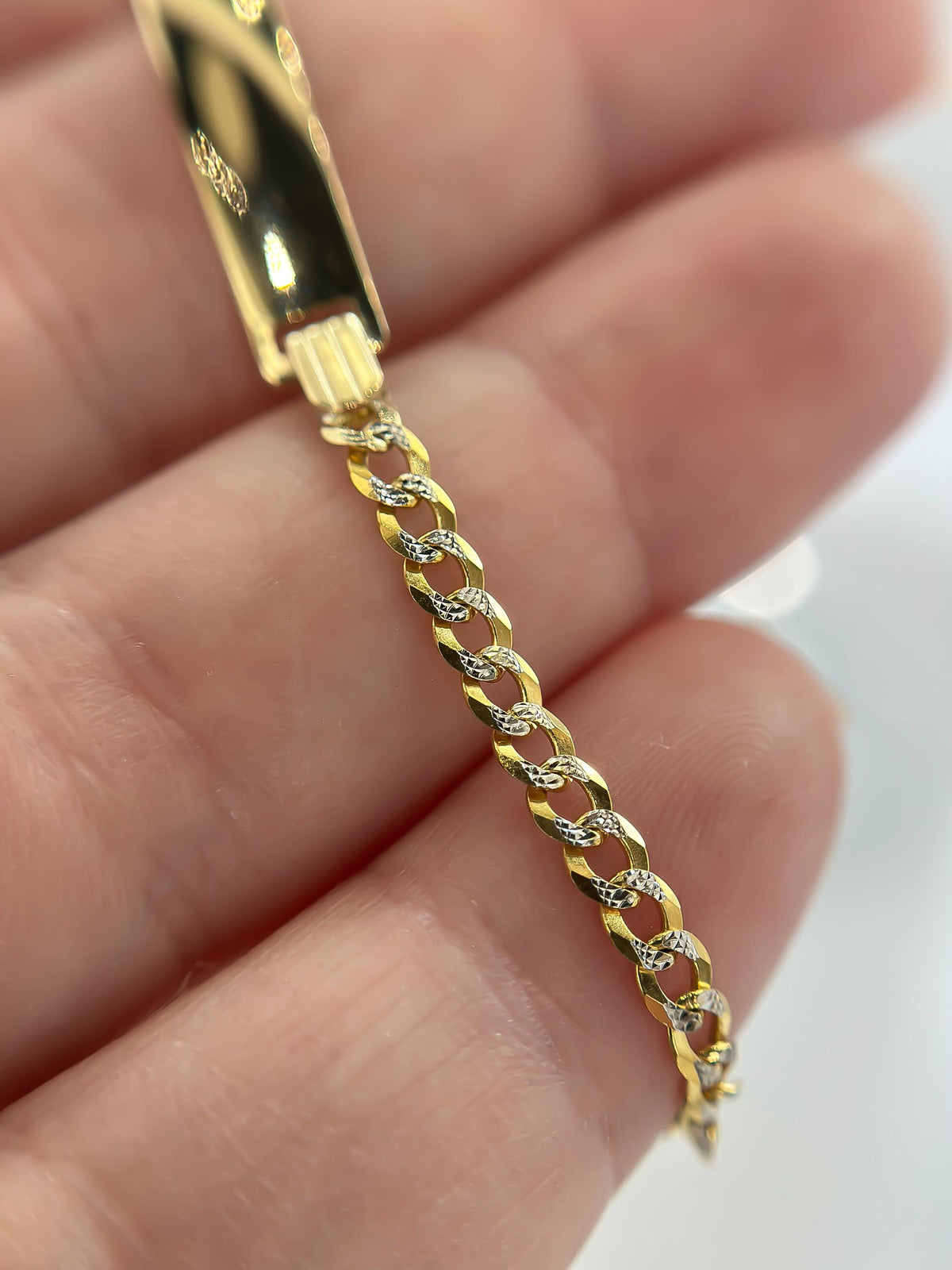 14k SOLID Gold Cuban Link Baby Bracelet Name Tag , 3mm 5.5" - Light, Miami Curb Link, Yellow and White Gold, 585/ 14k Stamp -