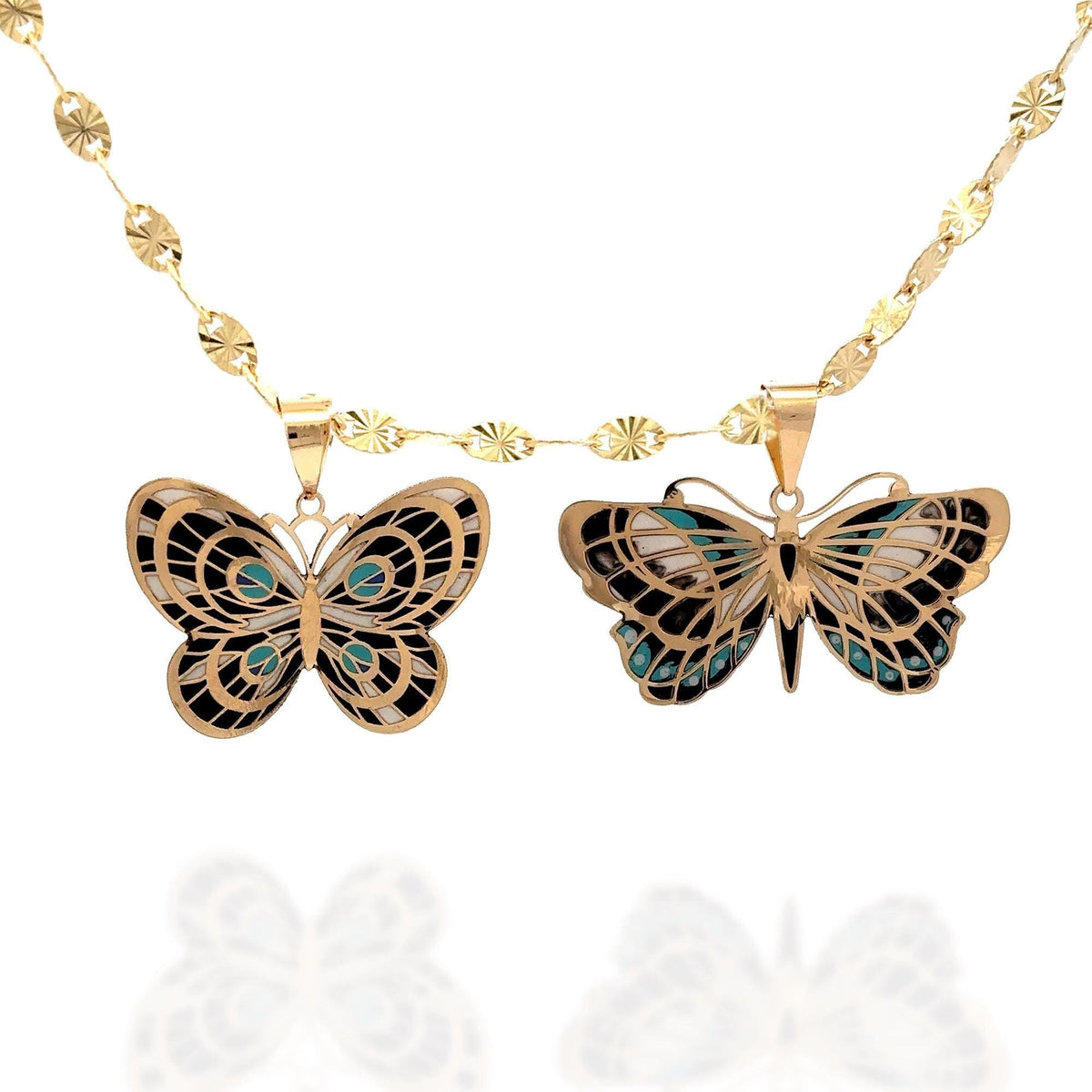 14k Solid Gold Butterfly Pendant Hand-Painted Charm - Black, Blue, and White Necklace, Animal, Insect Jewelry, Gift for Her