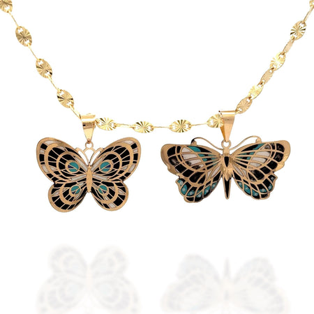 14k Solid Gold Butterfly Pendant Hand-Painted Charm - Black, Blue, and White Necklace, Animal, Insect Jewelry, Gift for Her