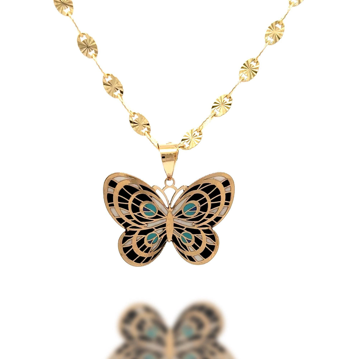 14k Solid Gold Butterfly Pendant Hand-Painted Charm - Black, Blue, and White Necklace, Animal, Insect Jewelry, Gift for Her
