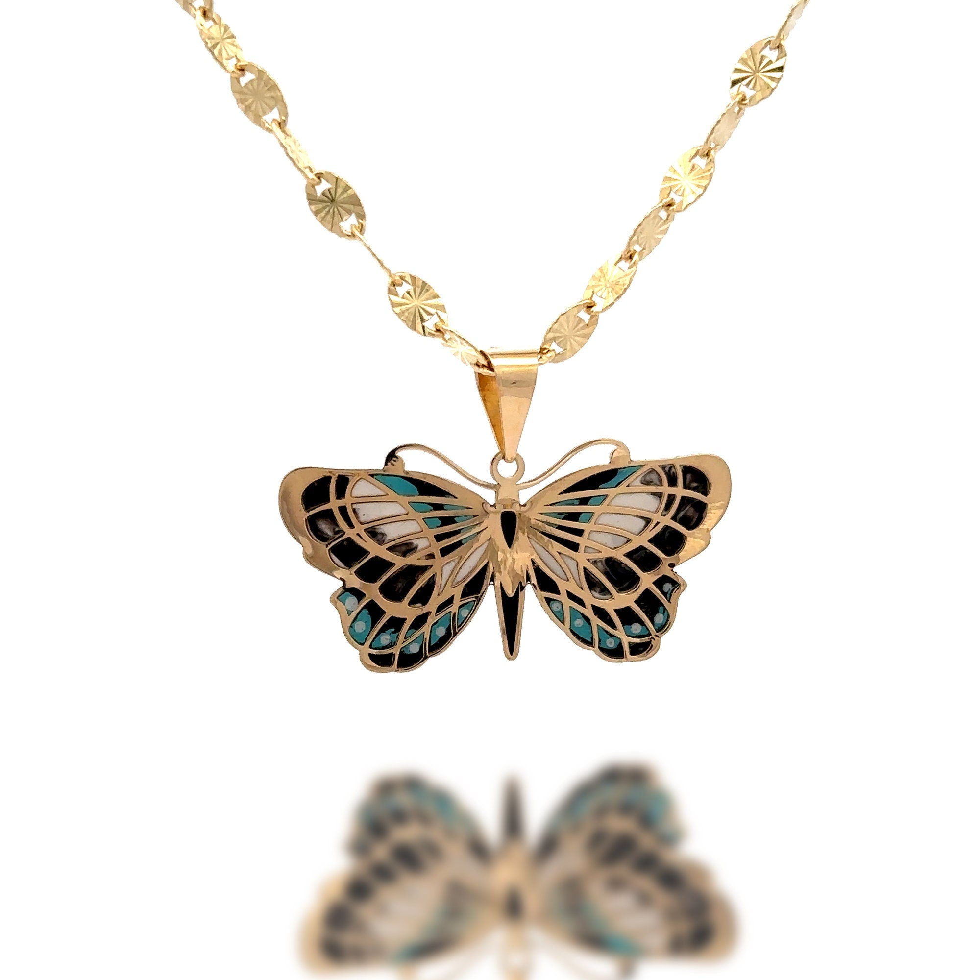 14k Solid Gold Butterfly Pendant Hand-Painted Charm - Black, Blue, and White Necklace, Animal, Insect Jewelry, Gift for Her