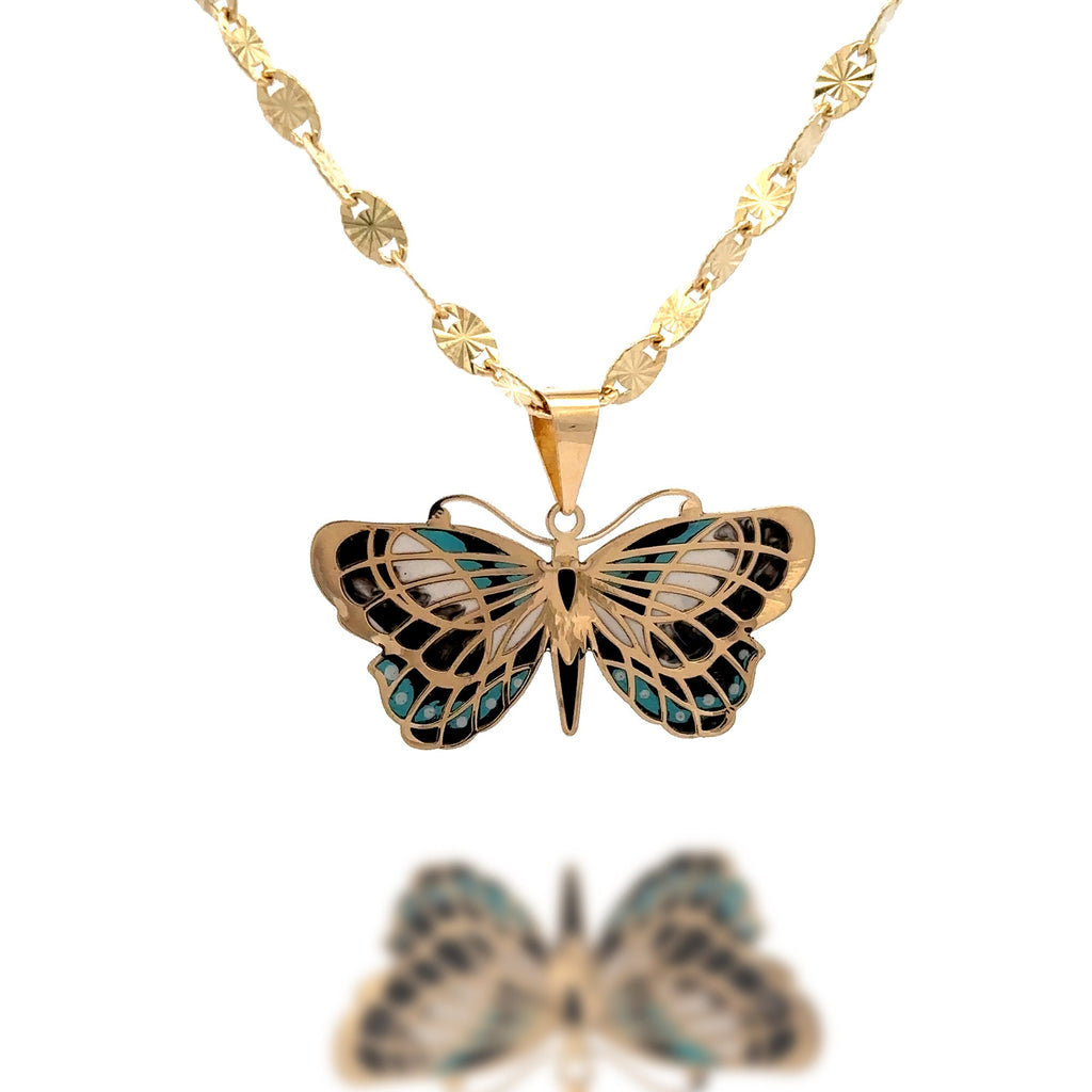 14k Solid Gold Butterfly Pendant Hand-Painted Charm - Black, Blue, and White Necklace, Animal, Insect Jewelry, Gift for Her