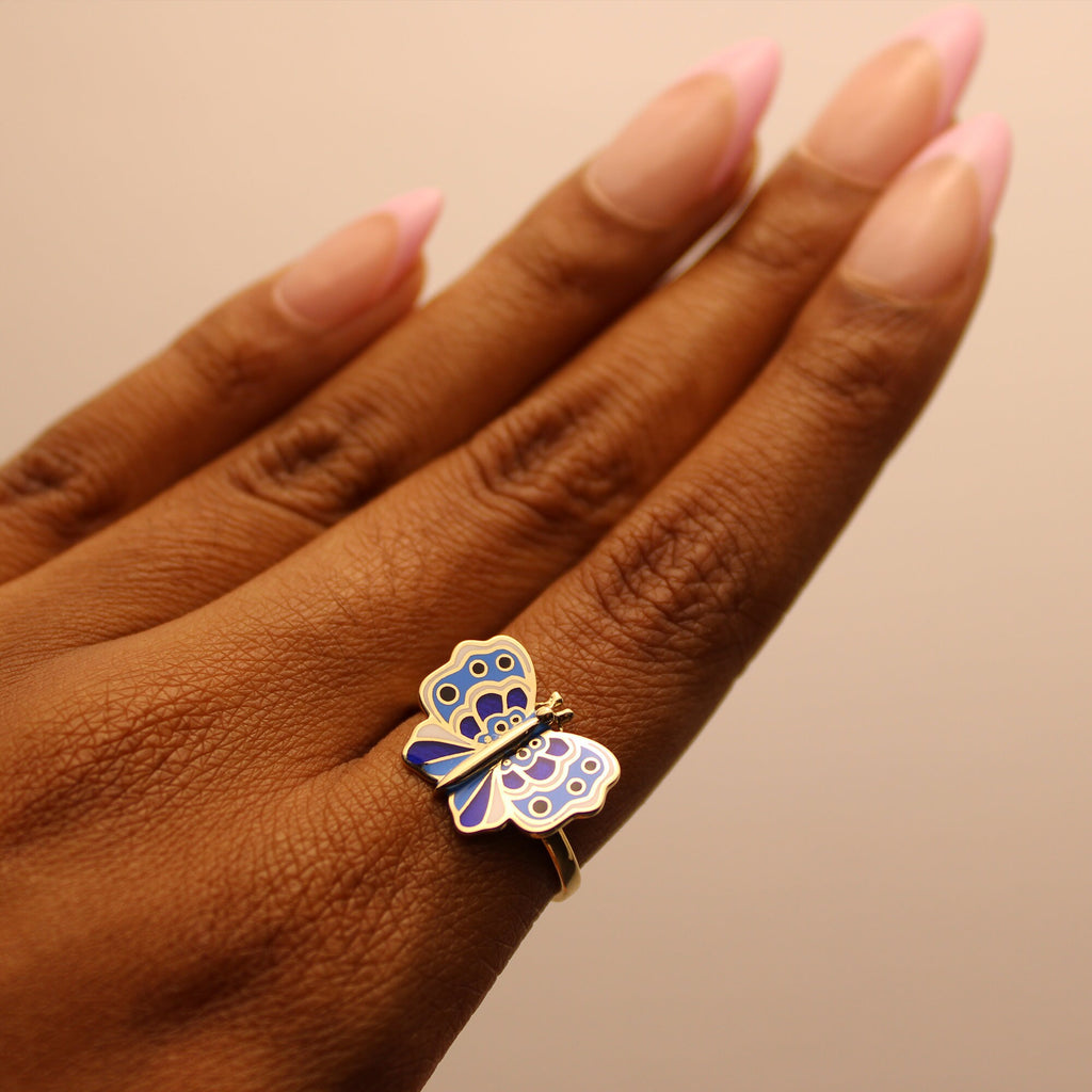 14k Gold Blue Butterfly Ring