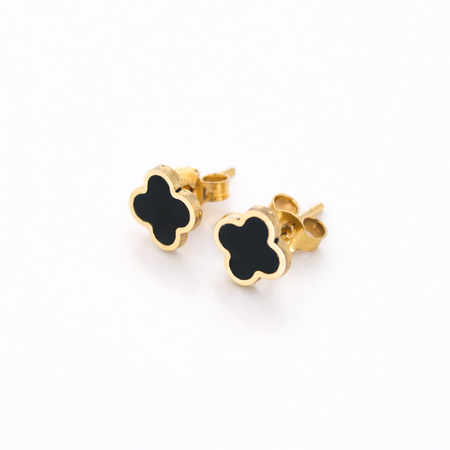 “Lucky Clover” Black Enamel Studs – 14k Solid Gold