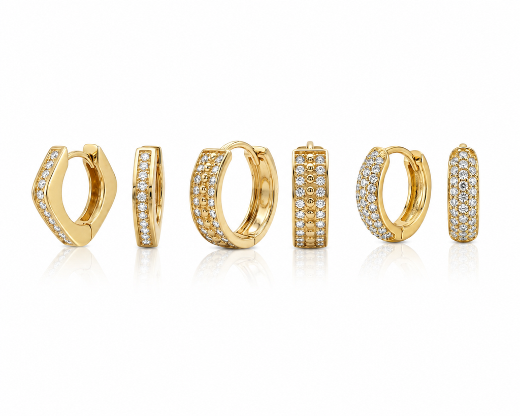 "Square & Round CZ Huggie" Earrings - 14k Gold