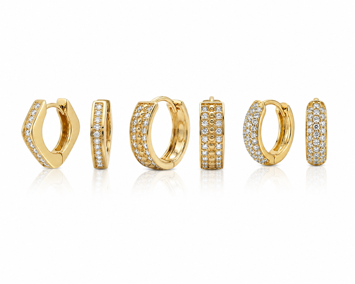 "Square & Round CZ Huggie" Earrings - 14k Gold