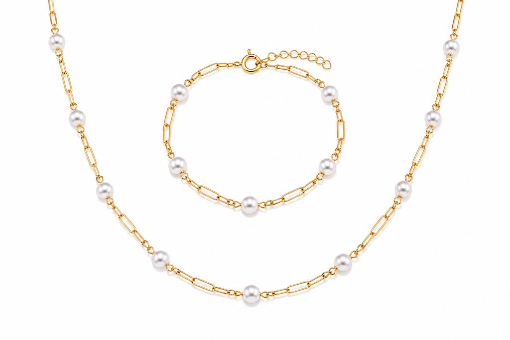 "Paperclip Pearl" Jewelry Set - 14K Gold