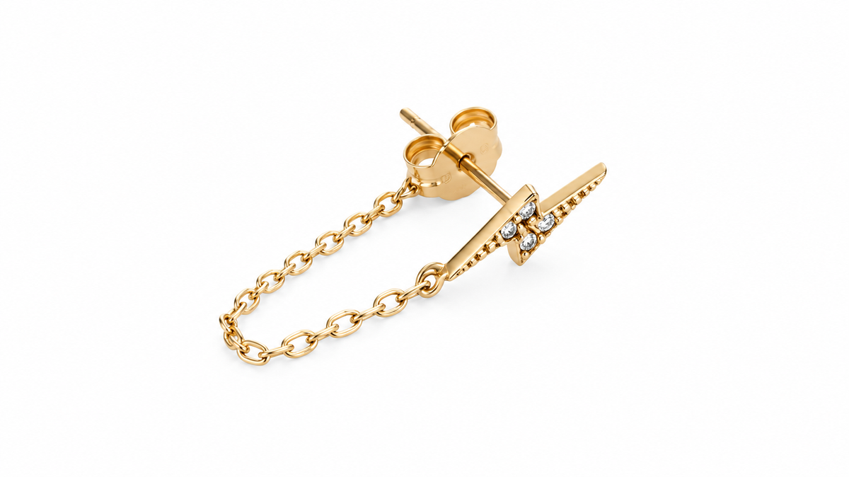 "Lightning Bolt" CZ Stud Chain Earrings - 14k Yellow Gold