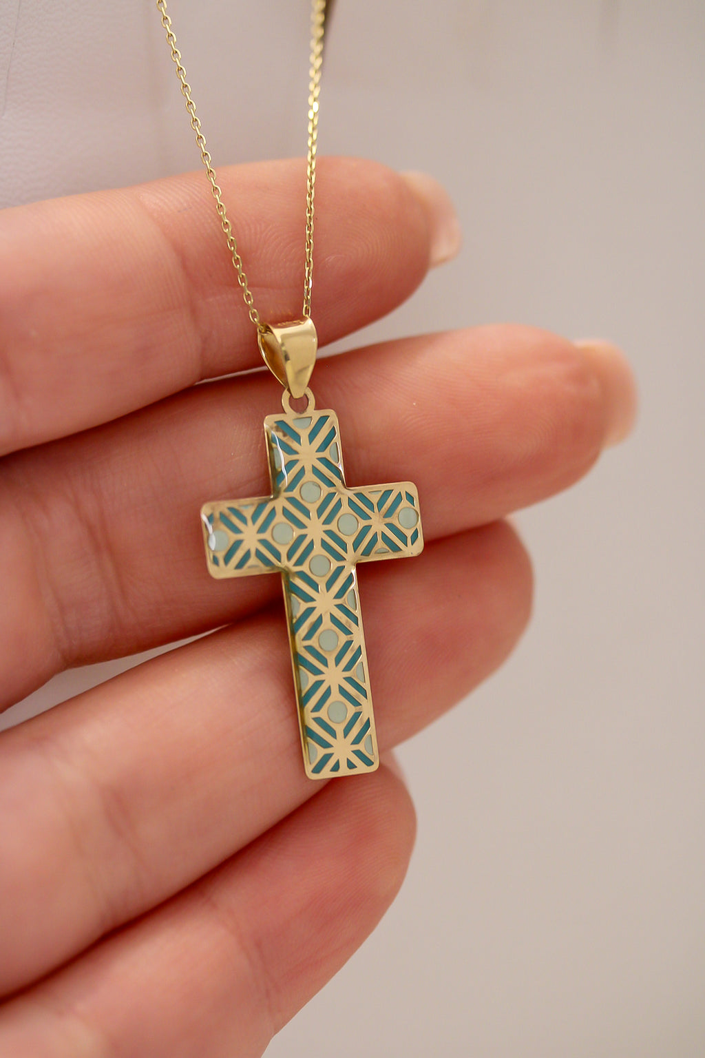 “Painted Cross” Charm – 14k Solid Gold
