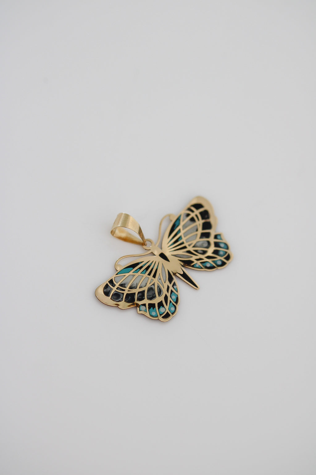 14k Solid Gold Butterfly Pendant Hand-Painted Charm - Black, Blue, and White Necklace, Animal, Insect Jewelry, Gift for Her