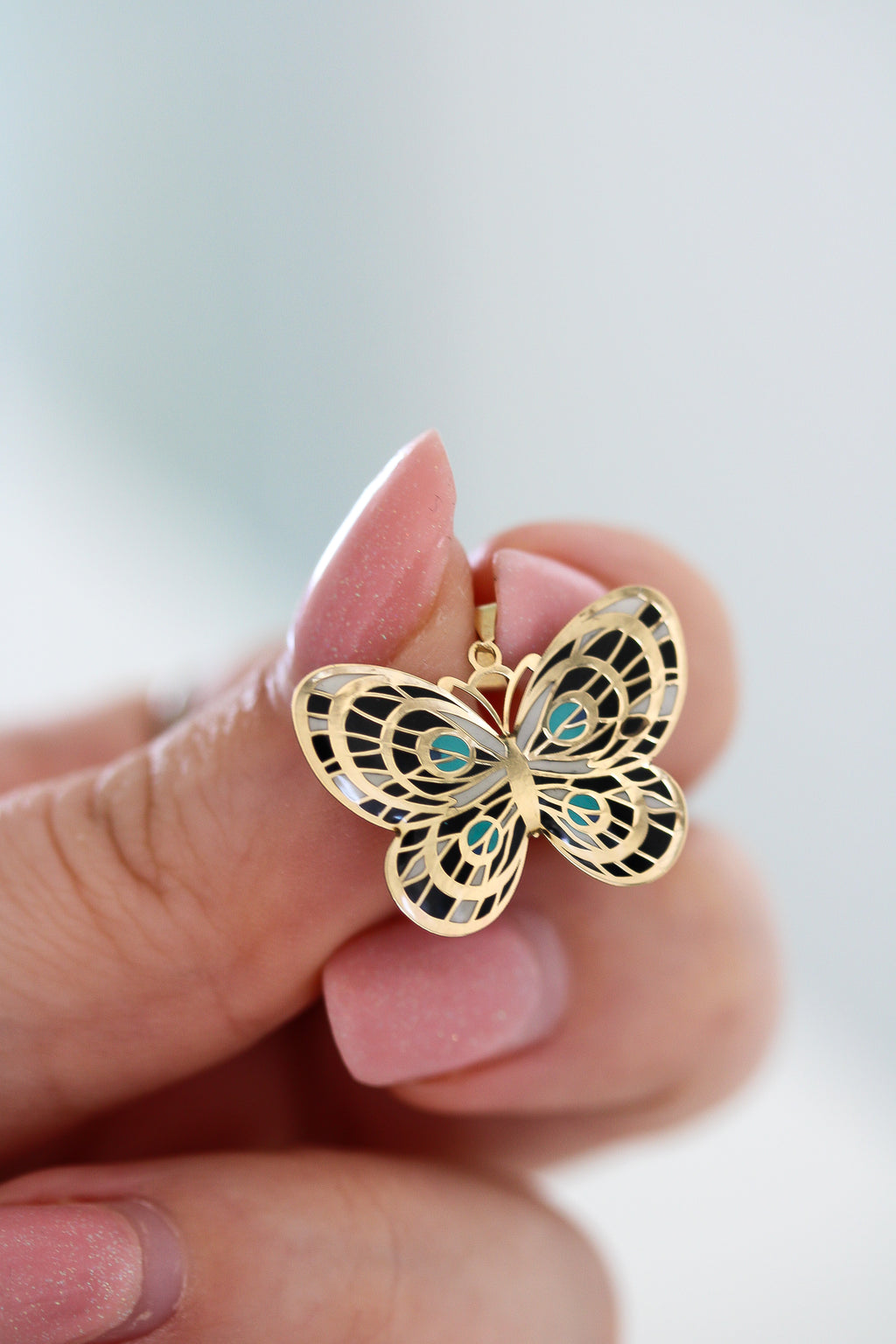 14k Solid Gold Butterfly Pendant Hand-Painted Charm - Black, Blue, and White Necklace, Animal, Insect Jewelry, Gift for Her