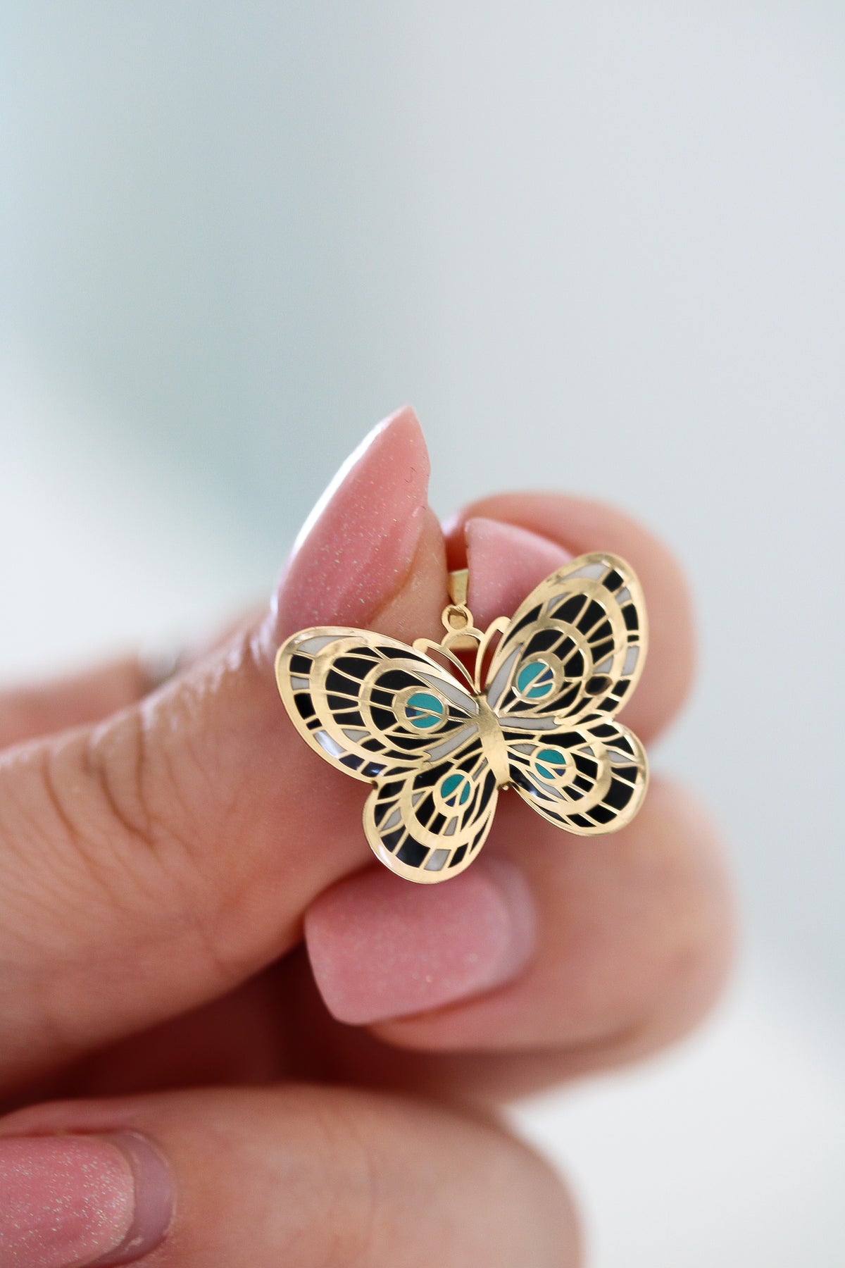 14k Solid Gold Butterfly Pendant Hand-Painted Charm - Black, Blue, and White Necklace, Animal, Insect Jewelry, Gift for Her