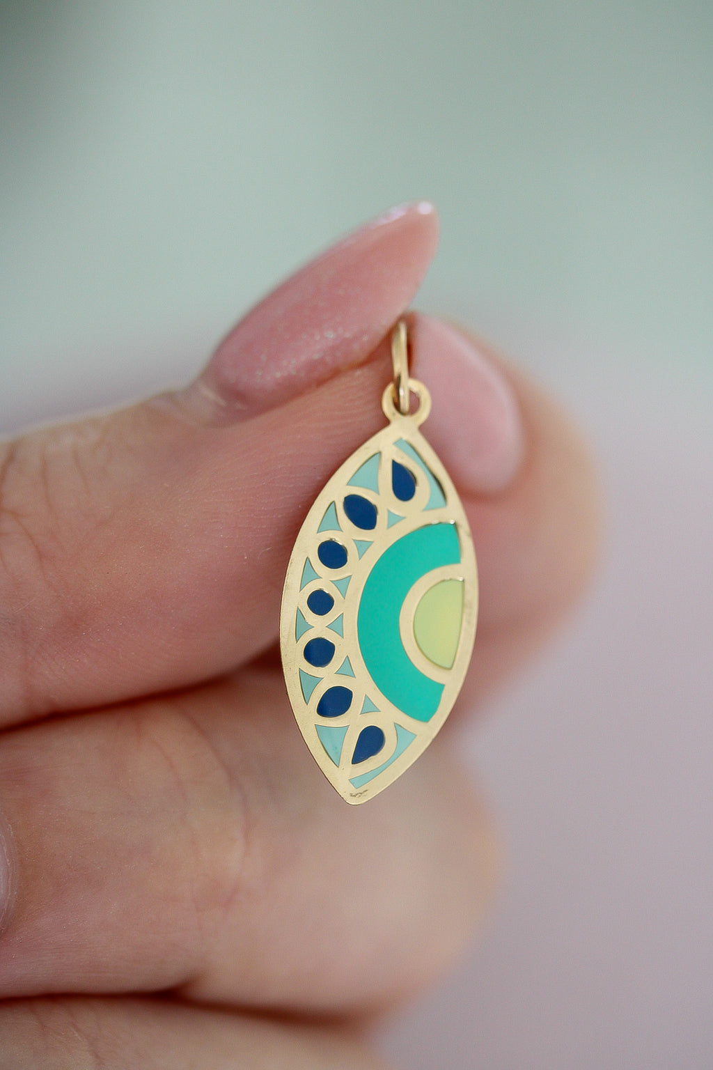 “Green Evil Eye” Pendant – 14k Solid Gold