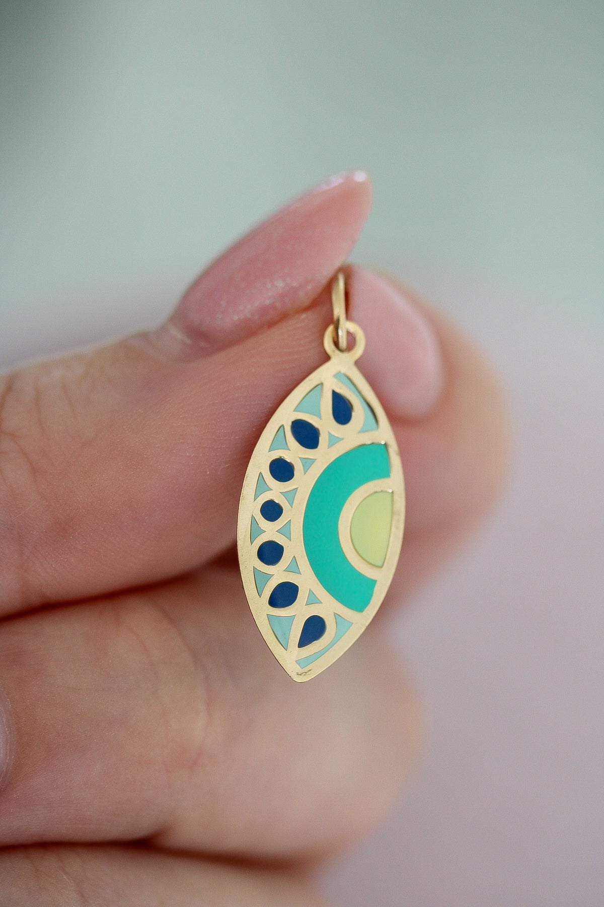 “Green Evil Eye” Pendant – 14k Solid Gold
