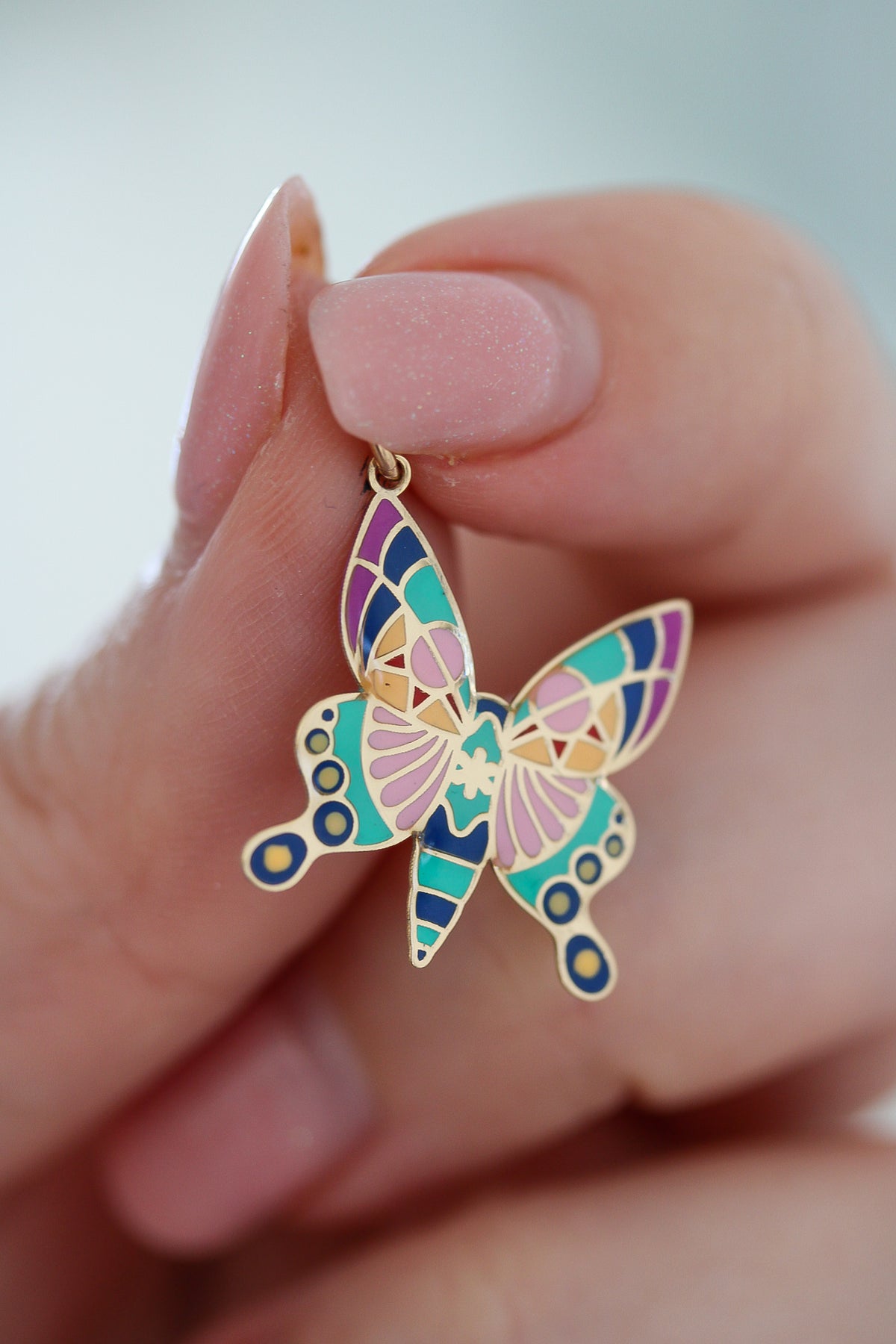 14k Solid Gold Butterfly Pendant Hand-Painted Multi-color Necklace, Animal, Insect Charm, Nature Jewelry, Gift for Her, Women