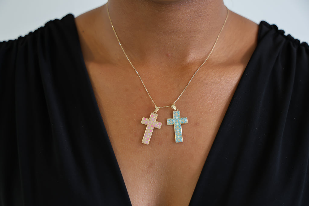 “Painted Cross” Charm – 14k Solid Gold