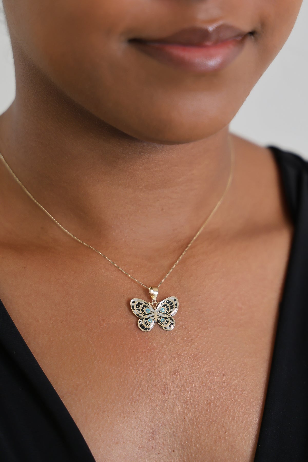 14k Solid Gold Butterfly Pendant Hand-Painted Charm - Black, Blue, and White Necklace, Animal, Insect Jewelry, Gift for Her