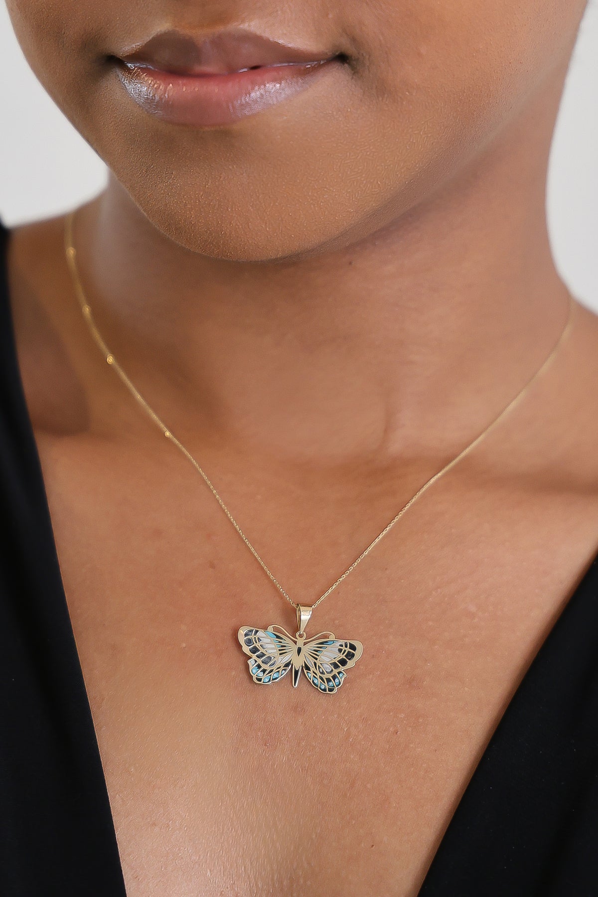 14k Solid Gold Butterfly Pendant Hand-Painted Charm - Black, Blue, and White Necklace, Animal, Insect Jewelry, Gift for Her
