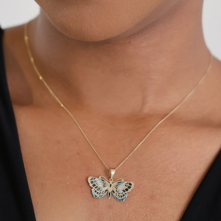 14k Solid Gold Butterfly Pendant Hand-Painted Charm - Black, Blue, and White Necklace, Animal, Insect Jewelry, Gift for Her