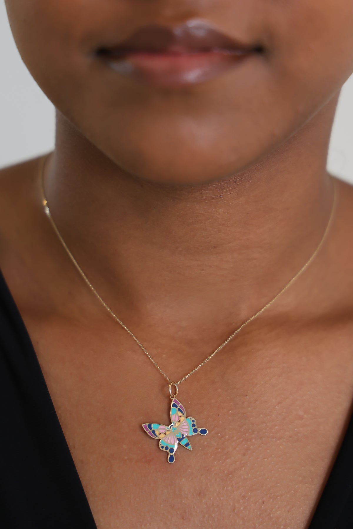 14k Solid Gold Butterfly Pendant Hand-Painted Multi-color Necklace, Animal, Insect Charm, Nature Jewelry, Gift for Her, Women
