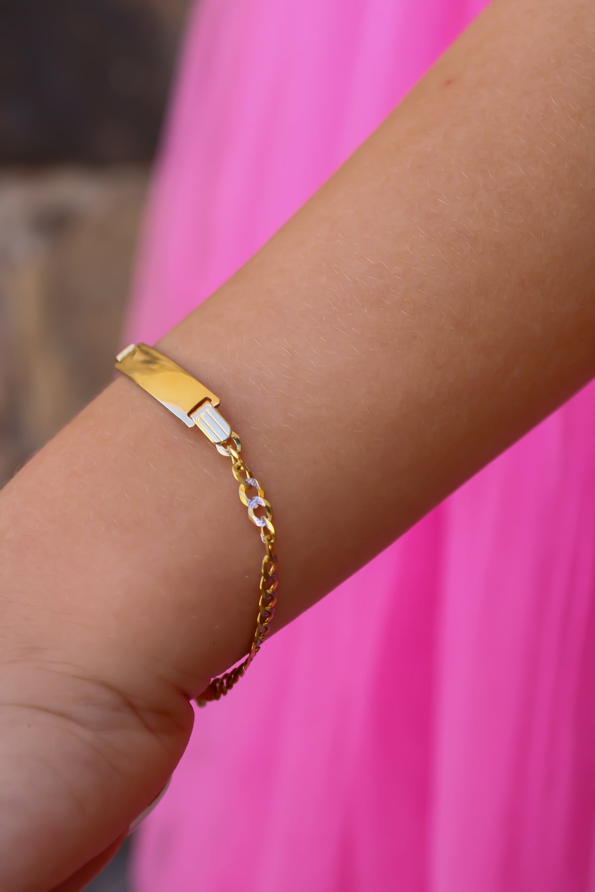 14k SOLID Gold Cuban Link Baby Bracelet Name Tag , 3mm 5.5" - Light, Miami Curb Link, Yellow and White Gold, 585/ 14k Stamp -