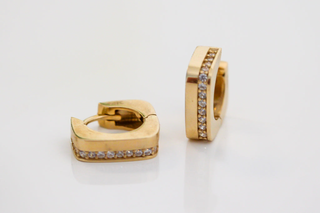 "Square & Round CZ Huggie" Earrings - 14k Gold