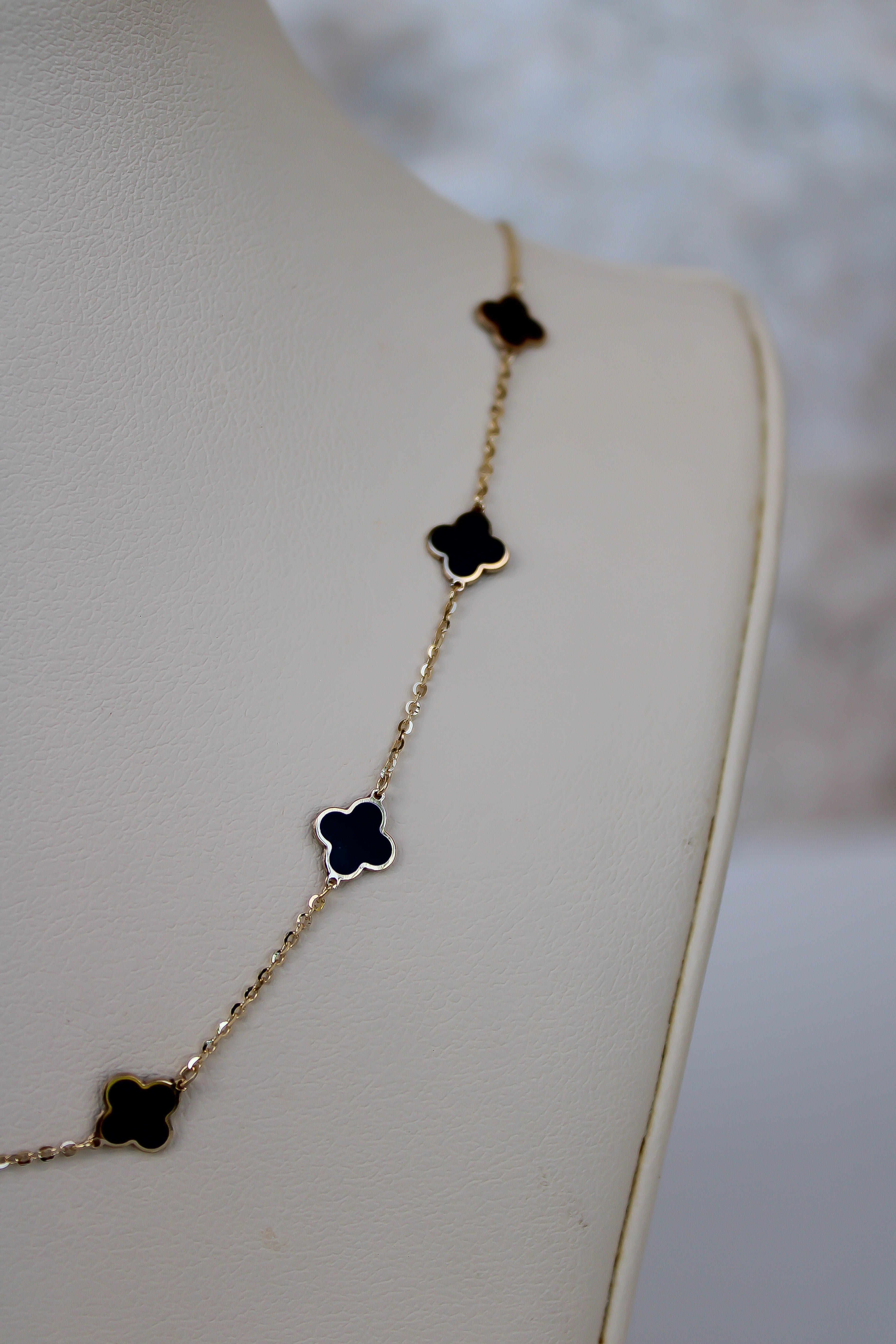 “Lucky Clover” Necklace – 14k Gold & Black Enamel