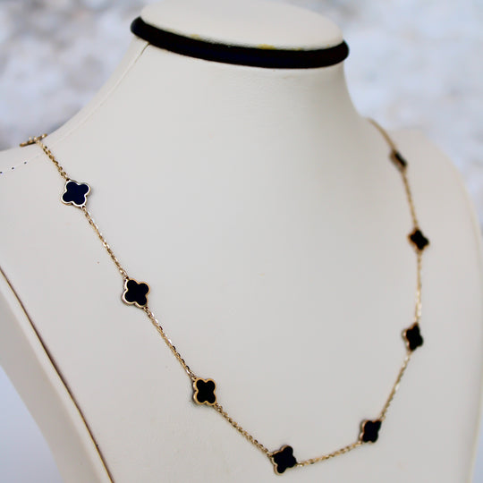 “Lucky Clover” Necklace – 14k Gold & Black Enamel