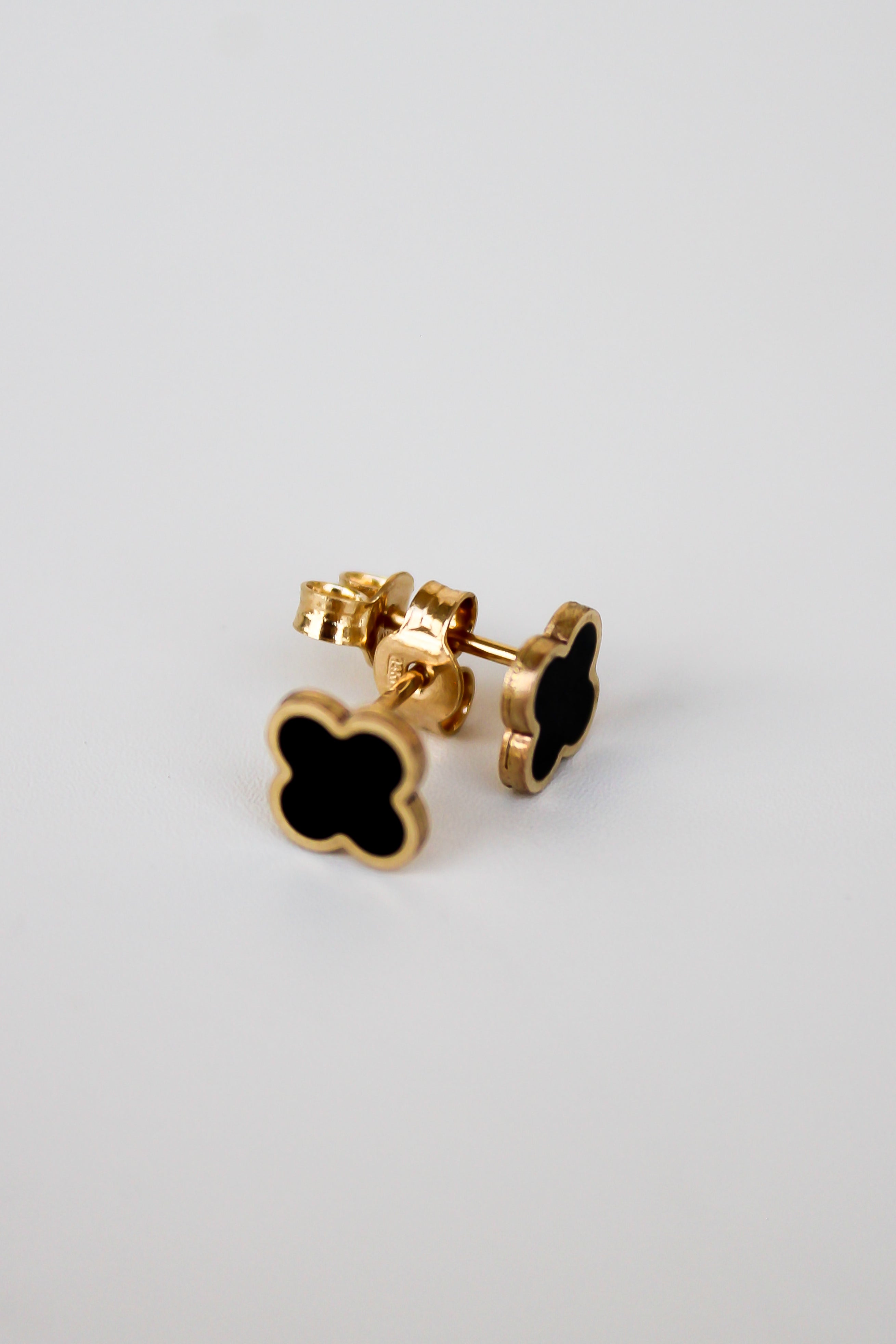 “Lucky Clover” Black Enamel Studs – 14k Solid Gold