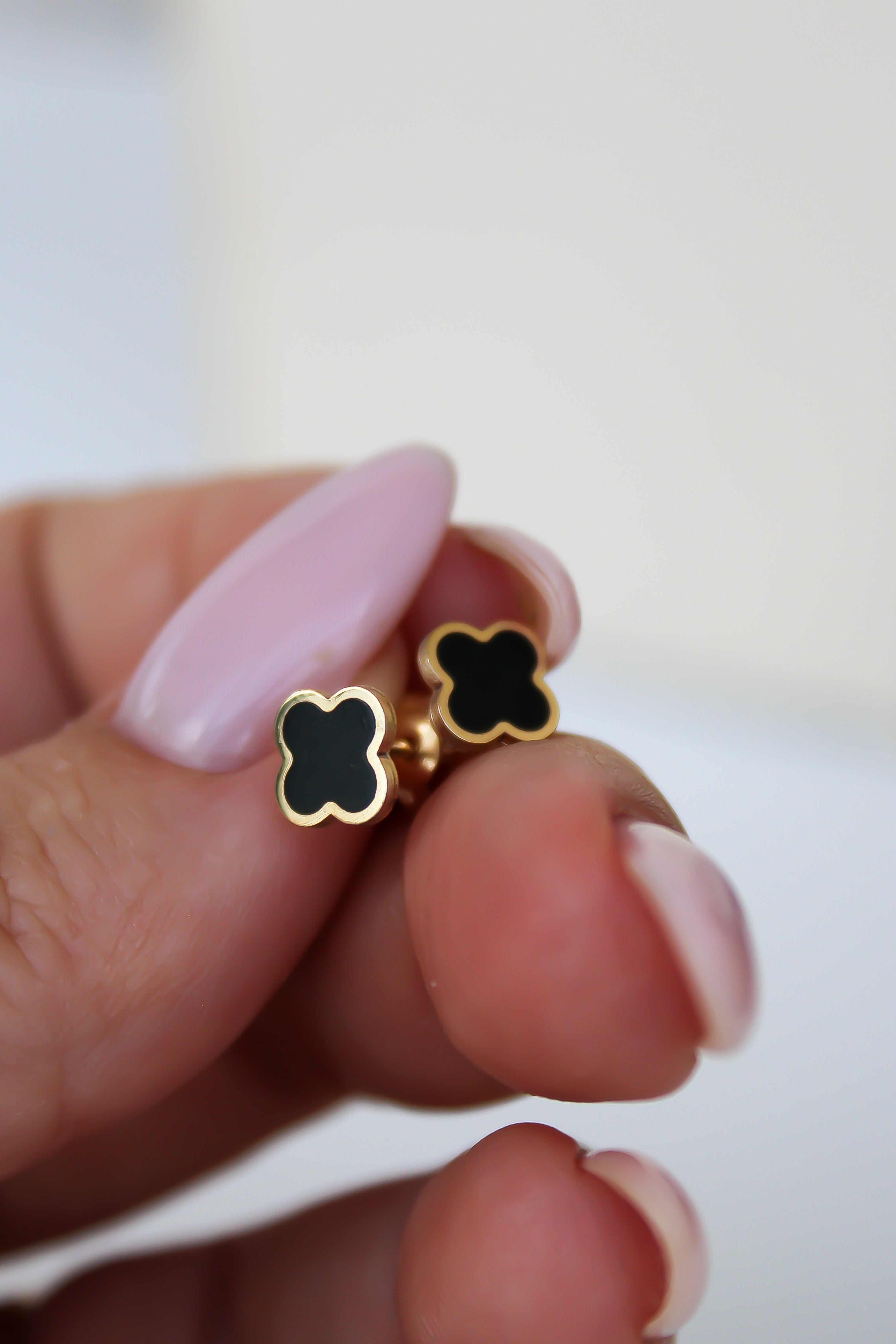 “Lucky Clover” Black Enamel Studs – 14k Solid Gold