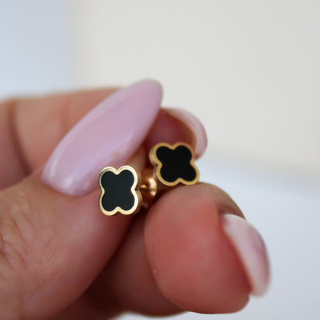 “Lucky Clover” Black Enamel Studs – 14k Solid Gold