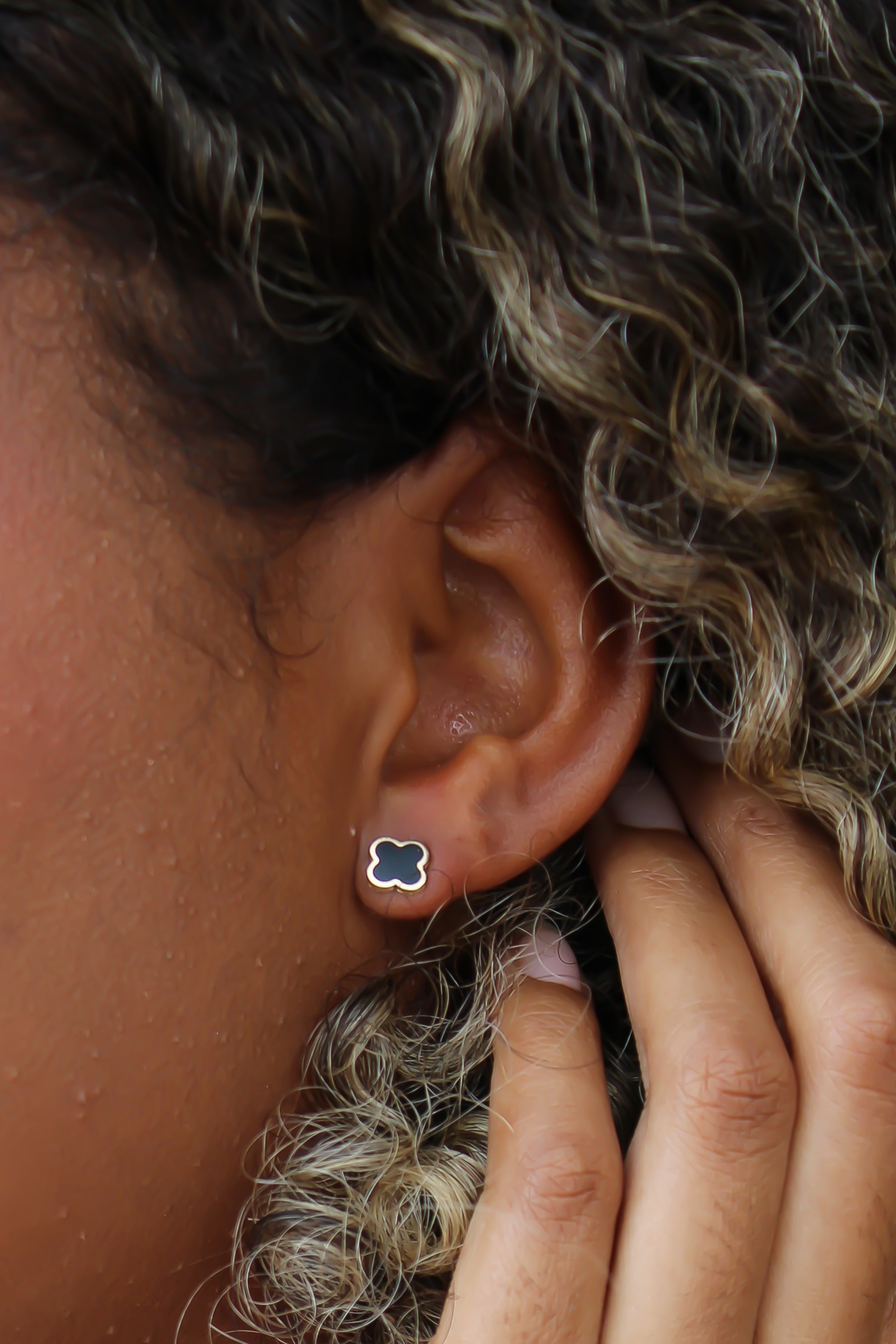 “Lucky Clover” Black Enamel Studs – 14k Solid Gold