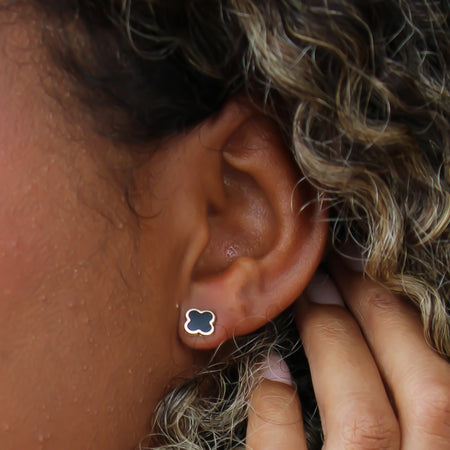 “Lucky Clover” Black Enamel Studs – 14k Solid Gold