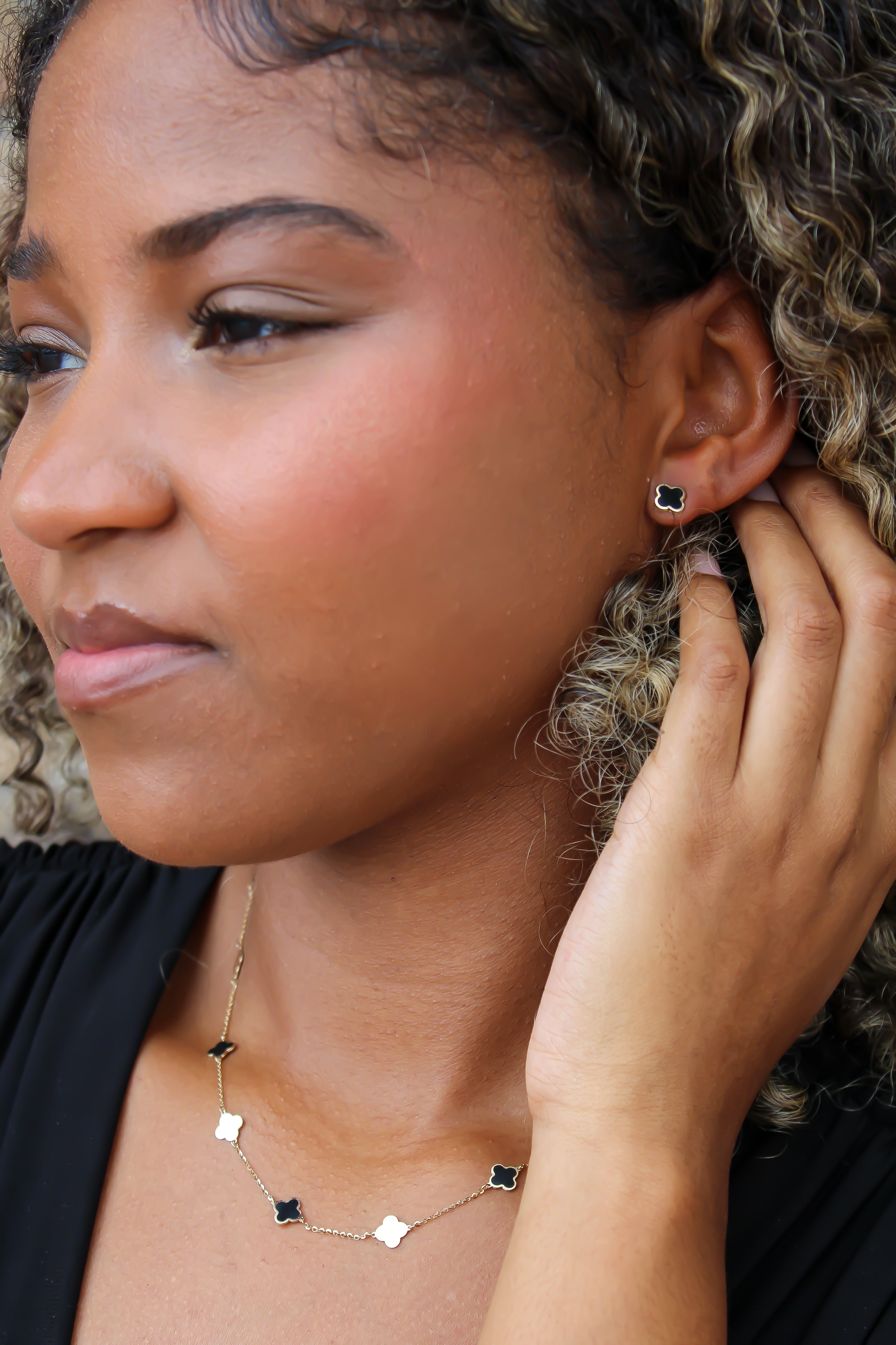 “Lucky Clover” Black Enamel Studs – 14k Solid Gold