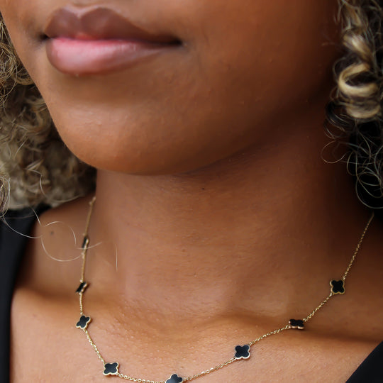 “Lucky Clover” Necklace – 14k Gold & Black Enamel