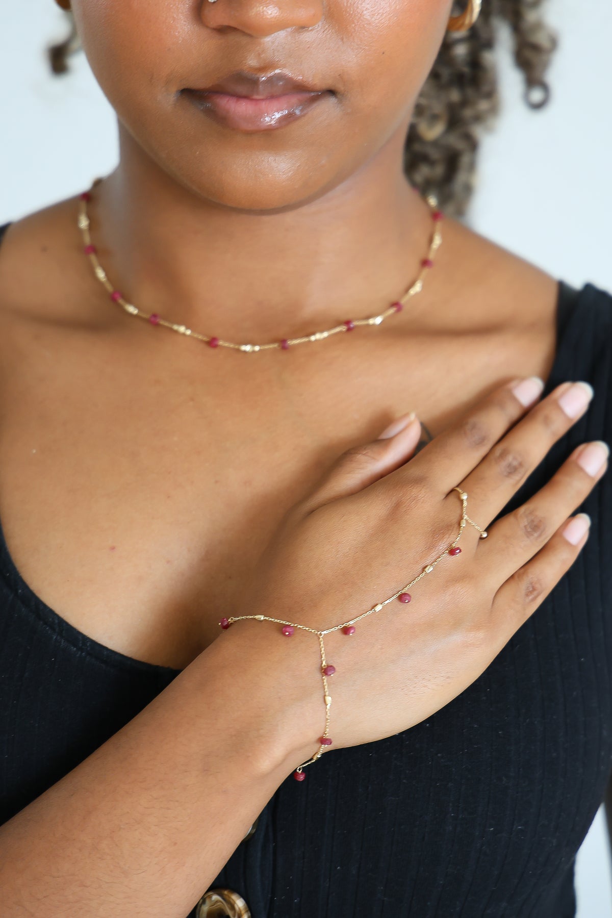 “Scarlet Bead Hand Chain” – 14k Solid Gold