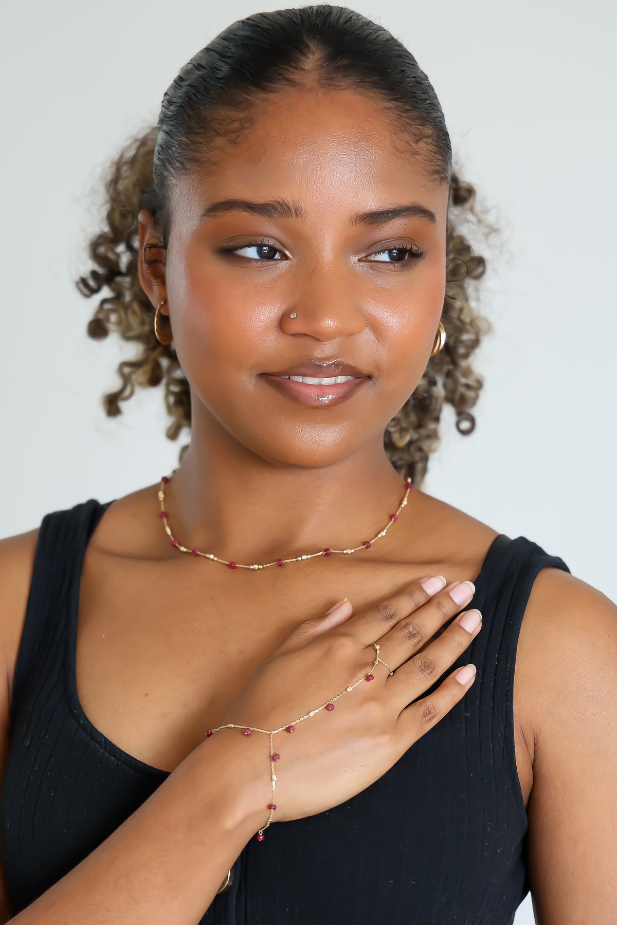 “Scarlet Bead Hand Chain” – 14k Solid Gold