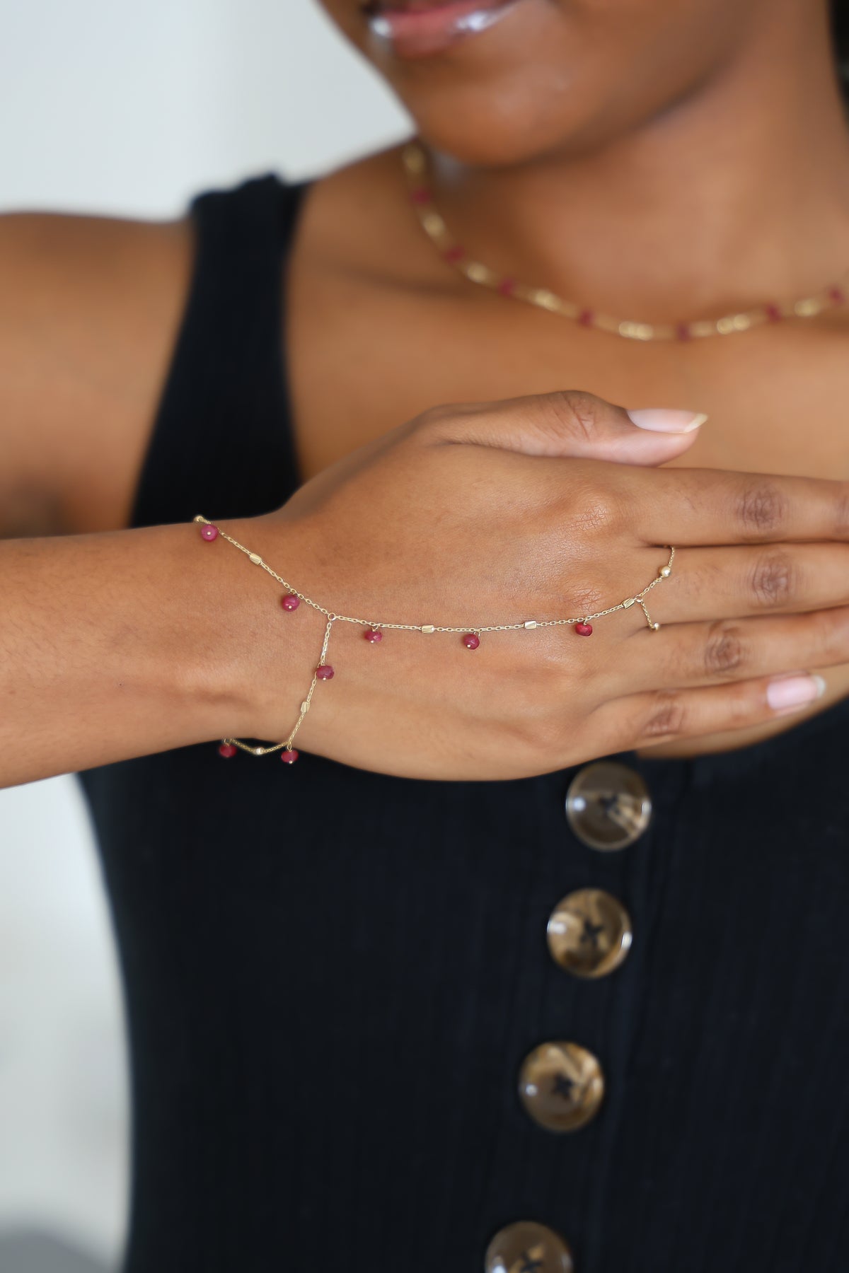 “Scarlet Bead Hand Chain” – 14k Solid Gold
