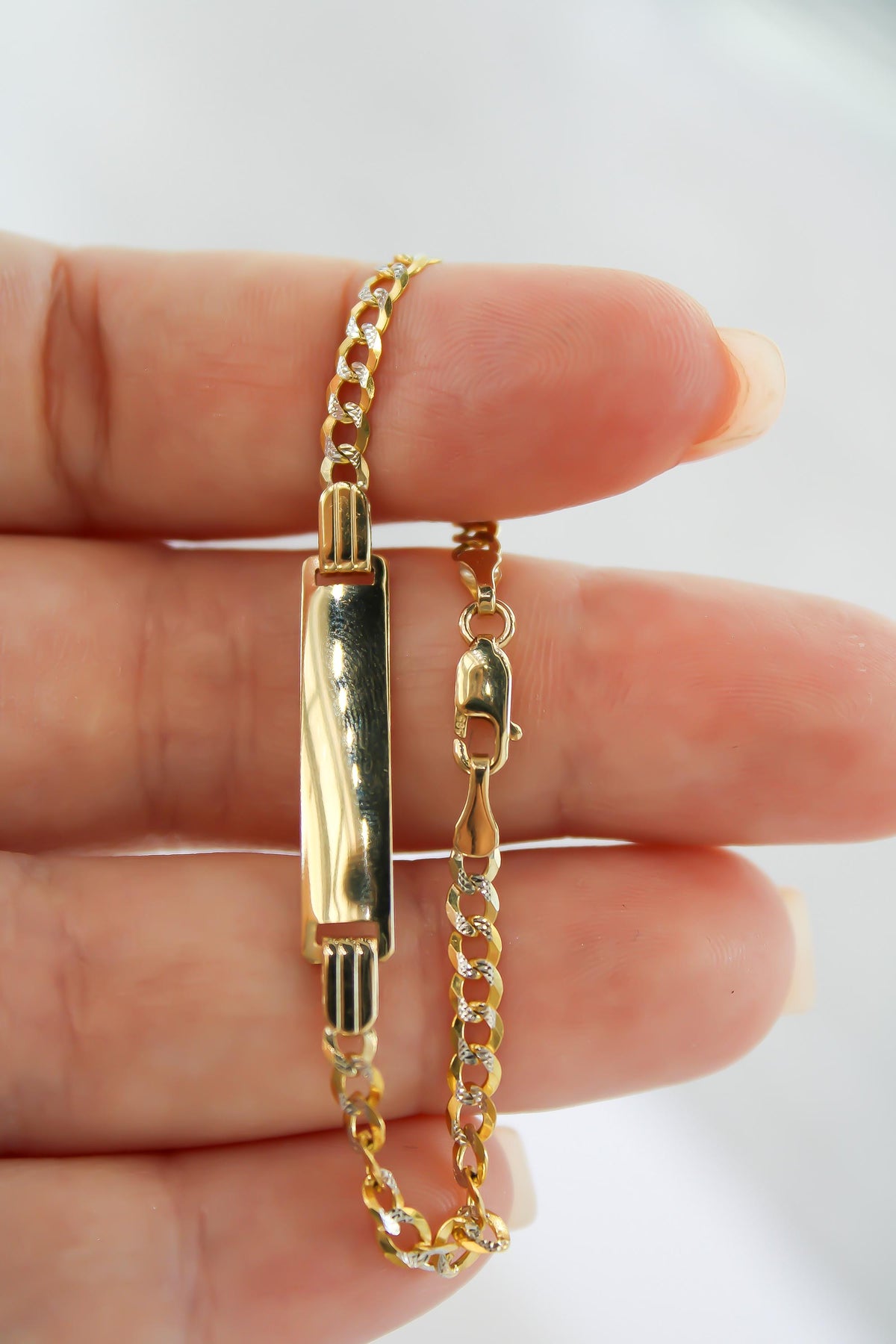14k SOLID Gold Cuban Link Baby Bracelet Name Tag , 3mm 5.5" - Light, Miami Curb Link, Yellow and White Gold, 585/ 14k Stamp -