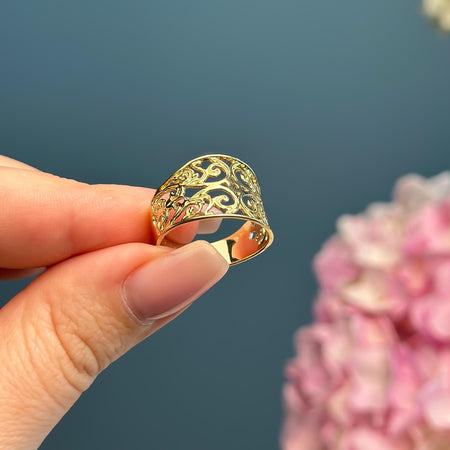 Filigree Leaves Ring- 14k Solid Yellow Gold