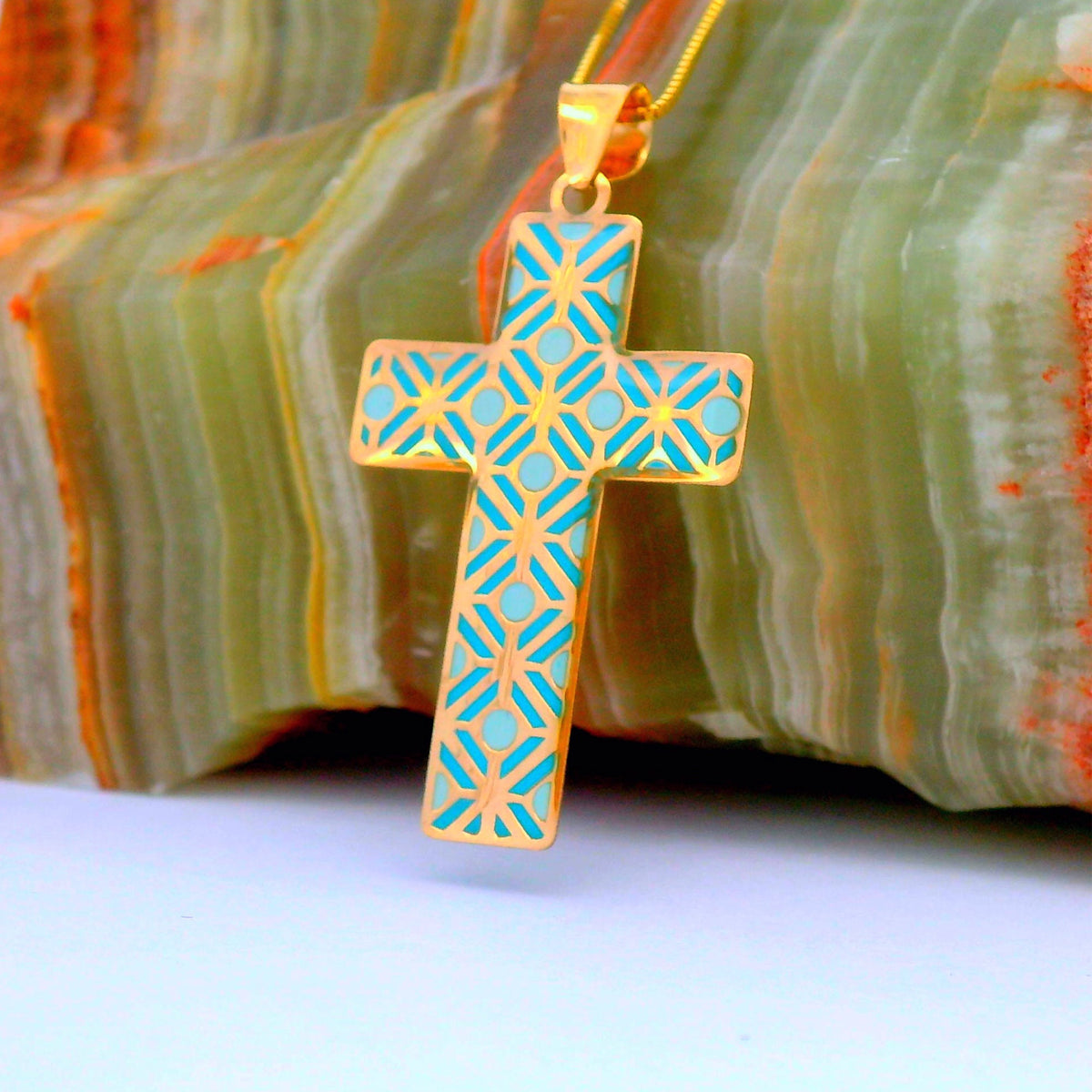 “Painted Cross” Charm – 14k Solid Gold