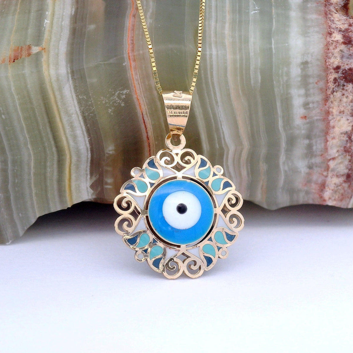 “Evil Eye Bloom” Pendant – 14k Solid Gold